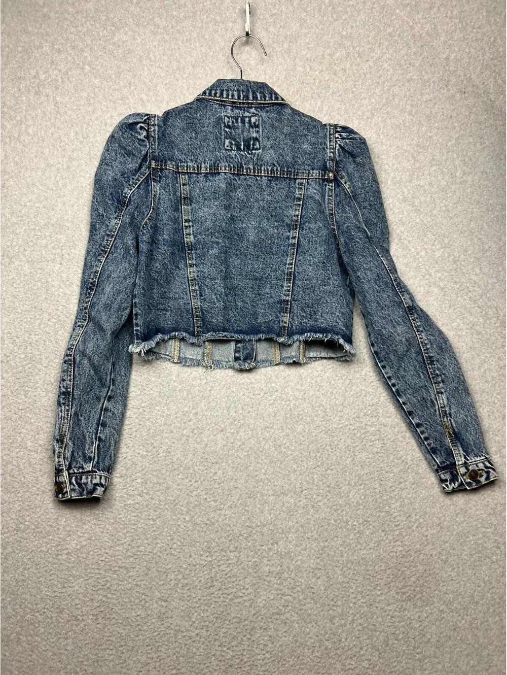 Highway Jeans Jacket Denim Puffed Sleeves Ripped Distressed Crop S USA Med Wash - Picture 2 of 7